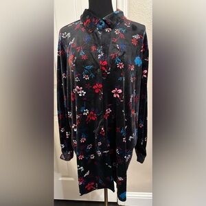 Woman Within Velvet Button Up 26/28 Black Floral Long Sleeve Collared Top 2X